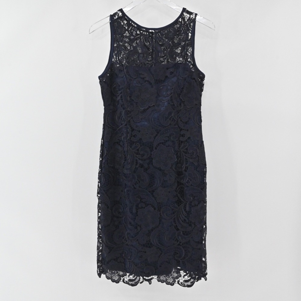 Adrianna Papell Lace Sheath Dress Womens Size 6 Navy Blue Floral Cocktail Party - Picture 2 of 12
